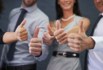 Image showing Business people, hands and thumbs up in studio for success, winning and achievement or thank you emoji. Professional group or employees with like, yes and or support and closeup on a wall background