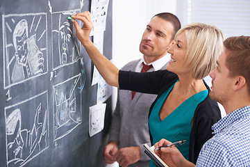 Image showing Business people, brainstorming and blackboard with creativity, planning and meeting with ideas. Group, cartoon and manager with employees and chalk with drawing or teamwork with comic strip and story