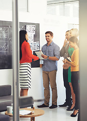 Image showing Creative woman, chalkboard and presentation with team for storyboard, development or meeting at office. Young group of employees in discussion for project planning, production or startup at workplace