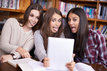 Image showing Women, students or tablet selfie on university campus or bonding together for crazy update on social media. Learners, touchscreen or post online as goofy friends or solidarity with care in library