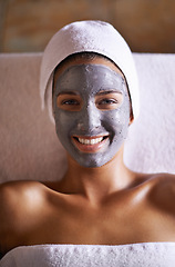 Image showing Woman, relax and facial in spa for beauty, care and cosmetic treatment for break or peace. Young person and natural for holistic therapy for skincare, clean and hygiene with product for peel