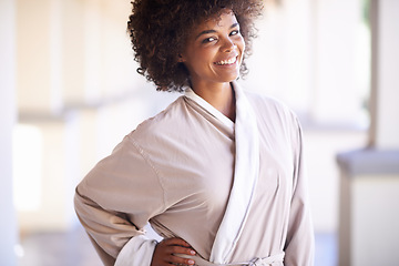 Image showing Woman, smile and portrait in spa for wellness, beauty and cosmetic treatment for break or relax. African person and happy for holistic and skincare care for hygiene, clean and natural in robe
