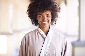 Image showing Woman, smile and portrait in spa for skincare, beauty and cosmetic treatment for break or relax. African person and happy for holistic and wellness care for hygiene, clean and natural in robe