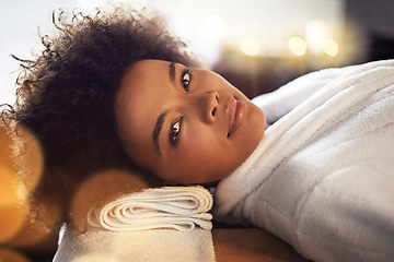Image showing Woman, relax and portrait in spa for beauty, care and cosmetic therapy for break and wellness. African person and natural for holistic health with skincare for clean and hygiene with towel for rest