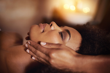 Image showing Woman, relax and wellness in spa for massage, care and cosmetic treatment for break or peace. African person and natural for holistic therapy with hand on face for skincare, clean and hygiene