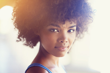 Image showing Outdoor, portrait and confident black woman with beauty or natural glow on skin from dermatology. African, girl and healthy skincare on face and hair care from cosmetics in summer with mockup space