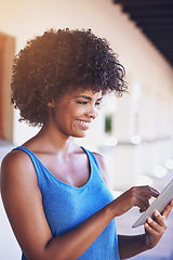 Image showing Woman, tablet and search outdoors on internet, smile and browse social media or app for communication. Female person, networking and student for e learning, education and university website to learn