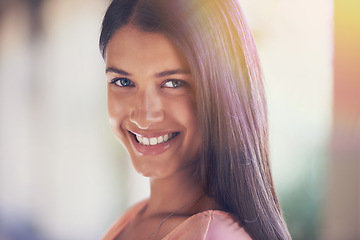 Image showing Campus, portrait or happy woman at beauty school for learning, study or development. Education, face or gen z female cosmetology student outdoor university for upskill, course or business training