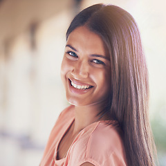 Image showing Campus, smile or portrait of woman at beauty school for learning, study or development. Education, face or gen z cosmetology student outdoor at university for upskill, course and business training