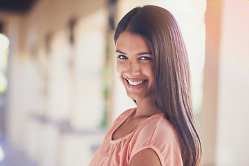 Image showing Portrait, campus or happy woman at beauty school for learning, study or development. Education, face or gen z female cosmetology student outdoor at university for upskill, course or business training