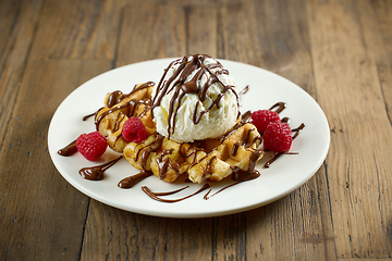 Image showing plate of belgian waffle with ice cream