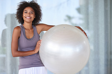 Image showing Woman, portrait and happy with exercise ball for fitness, wellness and health at home or window. Excited and young African person with workout, pilates and balance equipment for practice and training