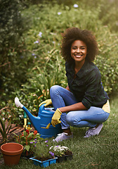 Image showing Woman, gardening and portrait with water can, happy or plants in spring, outdoor or care on grass. Girl, African person and smile on ground for growth, development and nature with ecology in backyard