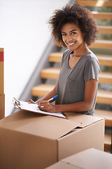 Image showing Courier, portrait and delivery box with black woman sign for package with a smile from shipping order. House, happy and shipment with signature with cardboard parcel from moving company with new home