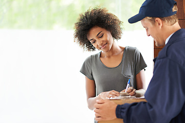 Image showing Courier, signature and delivery box with woman and package with a smile from shipping order. House, happy and shipment with man giving a cardboard parcel from moving company with mockup space