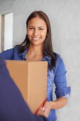 Image showing Woman, package and portrait with delivery, order and moving box for real estate and property. Cardboard, shipping and giving with smile and happy homeowner with courier service and customer at home