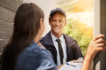 Image showing Woman, package and sign for moving, delivery man and shipping order with paperwork and parcel. Cardboard box, cargo and courier with document, form and service of distribution worker with customer