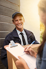 Image showing Woman, smile and signature for package, delivery man and shipping order with paperwork and parcel. Cardboard box, sign and courier with document, form and service of distribution worker with customer