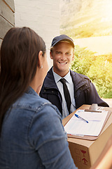 Image showing Woman, smile and signature for package, delivery man and shipping order with paperwork and parcel. Cardboard box, sign and courier with document, form and service of distribution worker with customer