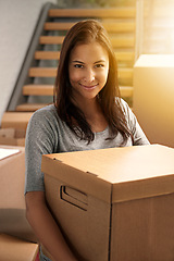Image showing Woman, packing and boxes with portrait from delivery, carry or moving for new real estate and property. Cardboard, shipping and smile and happy homeowner with package and parcel by house stairs