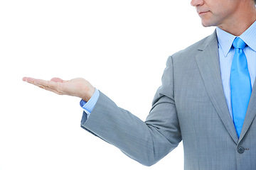 Image showing Businessman, hands and palm with advertising for marketing or presentation on a white studio background. Closeup of man or employee with hand out for selection, choice or decision on mockup space