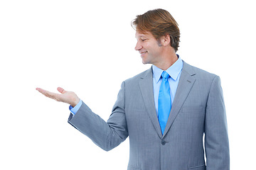 Image showing Happy, businessman and palm with choice in advertising or marketing on a white studio background. Face or profile of man or employee with smile, hand out or presentation for selection on mockup space