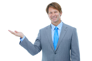 Image showing Happy businessman, portrait and palm with choice in advertising or marketing on a white studio background. Face of man or employee with smile or hand out for selection or presentation on mockup space