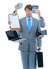 Image showing Businessman, portrait and hands with multitasking for finance or accounting on a white studio background. Man or employee with calculator, documents and technology for financial audit or daily budget