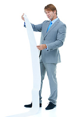 Image showing Businessman, portrait and receipt with finance, bills or expenses on a white studio background. Man or employee with paperwork or document for financial record, debt or budget list on mockup space