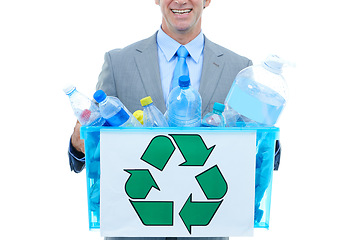 Image showing Happy, businessman and box with recycle plastic for eco friendly environment on a white studio background. Closeup of employee man with bucket of trash, garbage or bottles for pollution or earth day