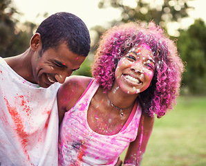 Image showing Happy, powder paint and couple of friends outdoor with Holi festival and colorful event with smile. Celebration, love and excited in nature with African people and crazy color dust for party together