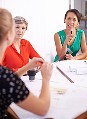 Image showing Women, brainstorm or paper in business meeting, discussion or planning of corporate project. Businesswomen, document or talk as professional, teamwork or collaboration in blueprint development