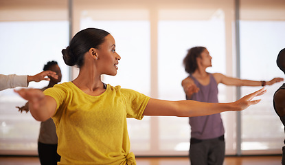 Image showing People, ballet and dance together in studio, performance and training for rehearsal or theatre. Partners, competitive and movement for recital, team and artists for collaboration in creative routine