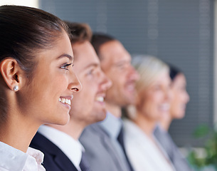 Image showing Smile, face and row of business people in office for recruitment, opportunity and human resources. Confidence, teamwork and diversity with men, women and happy solidarity in professional HR career