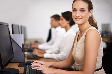 Image showing Business woman, portrait and computer with team in call center for email, support or online service at office. Female person, agent or employee with smile on desktop PC with group or agency for help