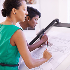 Image showing Architecture, people or engineering teamwork for sketch, development project or planning on paper. Women, blueprint or group of creative designers with ideas for drawing floor plan of office building