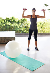 Image showing Portrait, home and woman with dumbbells, exercise ball and challenge with energy and balance with wellness. Healthy, person and athlete with equipment for training and weights for workout and cardio