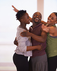 Image showing Fitness, hug and friends at gym with support, trust and care, growth or goal celebration. Happy, sports and group of people embrace at studio excited for club membership, start or dance class workout