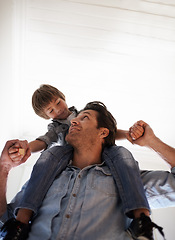 Image showing Family, carry and son on shoulders of father in home from below for bonding, fun or relationship. Love, smile or happy with man parent and boy child in apartment together for development or growth