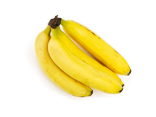 Image showing Bananas, closeup and studio for health, wellness or organic diet on countertop. Fruit, nutrition or produce for eating, healthy and meal or cuisine with vitamins for weight loss on white background