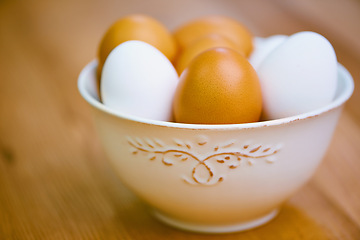 Image showing Agriculture, nutrition and eggs in bowl for sustainability, organic produce and reproduction with wellness. Diet, closeup and food from livestock for protein, breakfast or healthy meal on table