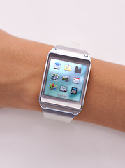 Image showing Wrist, smart watch and icons technology or screen for schedule planning on white background, location or studio. Person, arm and display network gadget or futuristic applications, notes or browsing