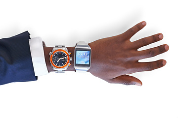 Image showing Hand, analog screen or businessman with smart watch for time technology on white background in studio. Closeup, two options or entrepreneur with device display on gadget for futuristic app or choice