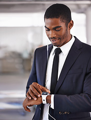 Image showing Check, earphones or businessman with smart watch for time technology or device for schedule. Travel, formal outfit or black man with network gadget for radio or music app, podcast or notification