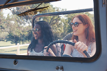 Image showing Happy women, diversity and travel on road trip in countryside and sightseeing for adventure in nature. Friends, driving and transportation in convertible suv on holiday and bonding together in texas