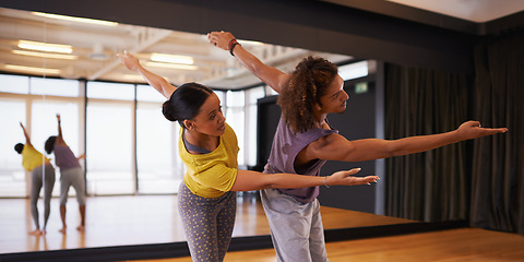 Image showing People, ballet and practice a technique in studio, performance and training together for rehearsal. Partners, competitive and movement for recital, team and artists for collaboration in dance routine