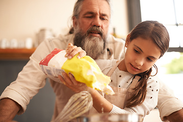 Image showing Girl, child and grandfather with flour in kitchen for cooking, baking and teaching with support or helping. Family, senior man and grandchild with dough preparation in home for bonding and learning