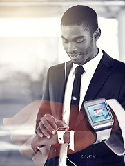 Image showing Businessman, hand and smart watch with double exposure for digital agenda, online schedule and high tech. Black person, suit and arm with future technology for network, screen display and check time