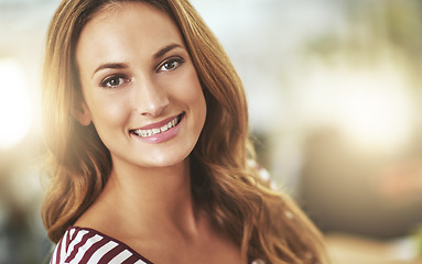 Image showing Designer, portrait and smile with office, startup and creative work or job. Woman, employee and workplace for career, internship or entrepreneurship with positive and happiness in casual workspace