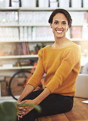 Image showing Portrait, smile and business woman in office, startup or company for creative job in workplace. Desk, happy person and professional entrepreneur, employee and designer working on career in Brazil